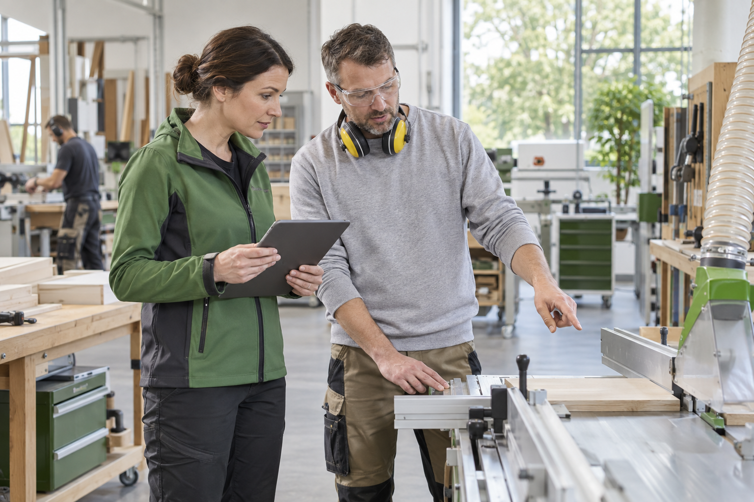 Fachkraft und Beschäftigter beurteilen gemeinsam einen Arbeitsplatz in einer Werkstatt