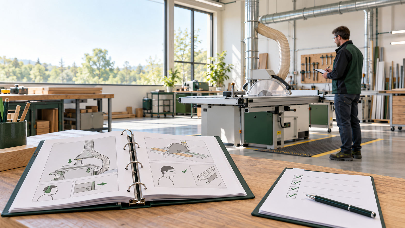 Arbeitsschutzhilfe und Checkliste vor einer Holzwerkstatt mit Absaugung