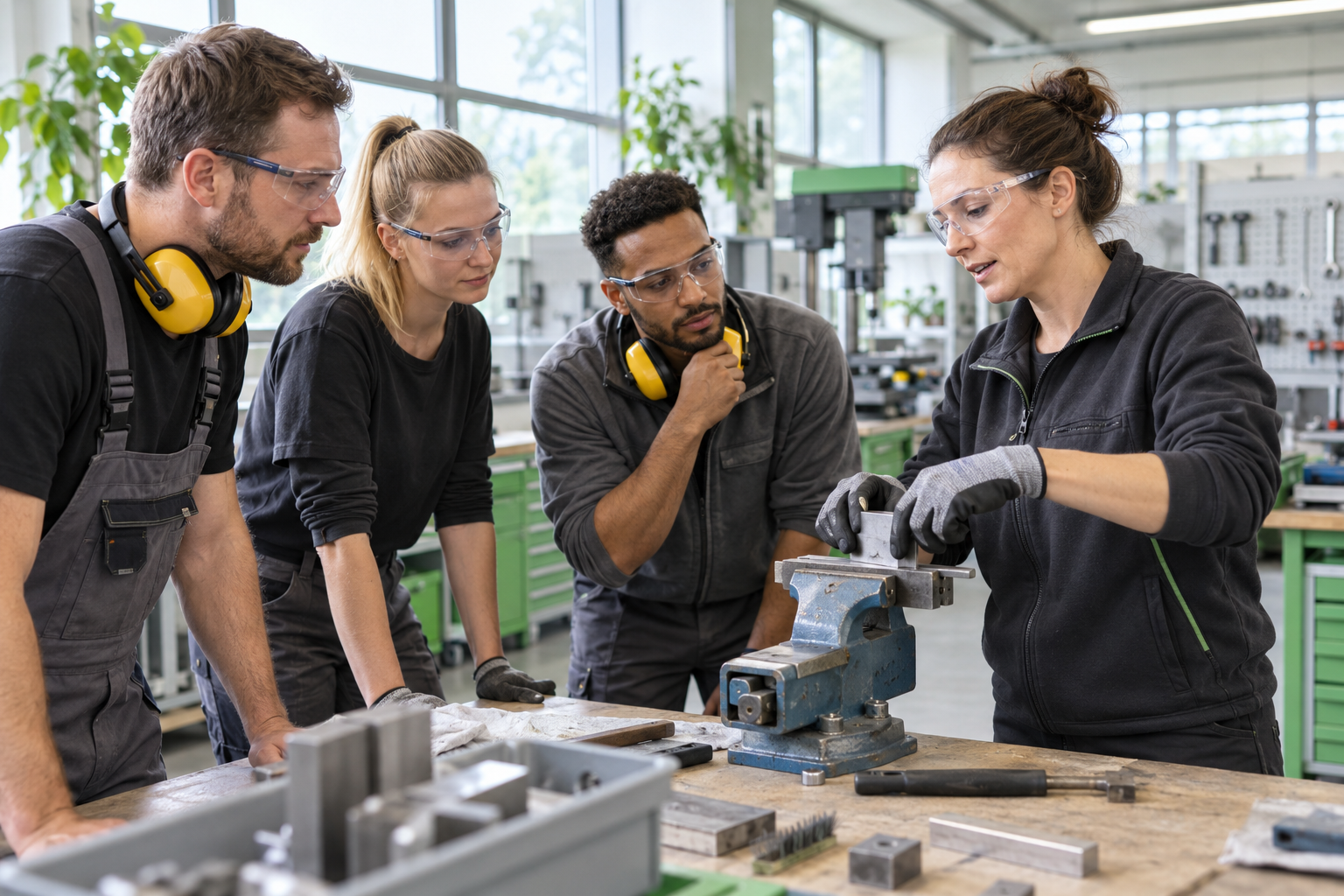 Führungskraft zeigt Beschäftigten einen sicheren Arbeitsablauf direkt am Arbeitsplatz