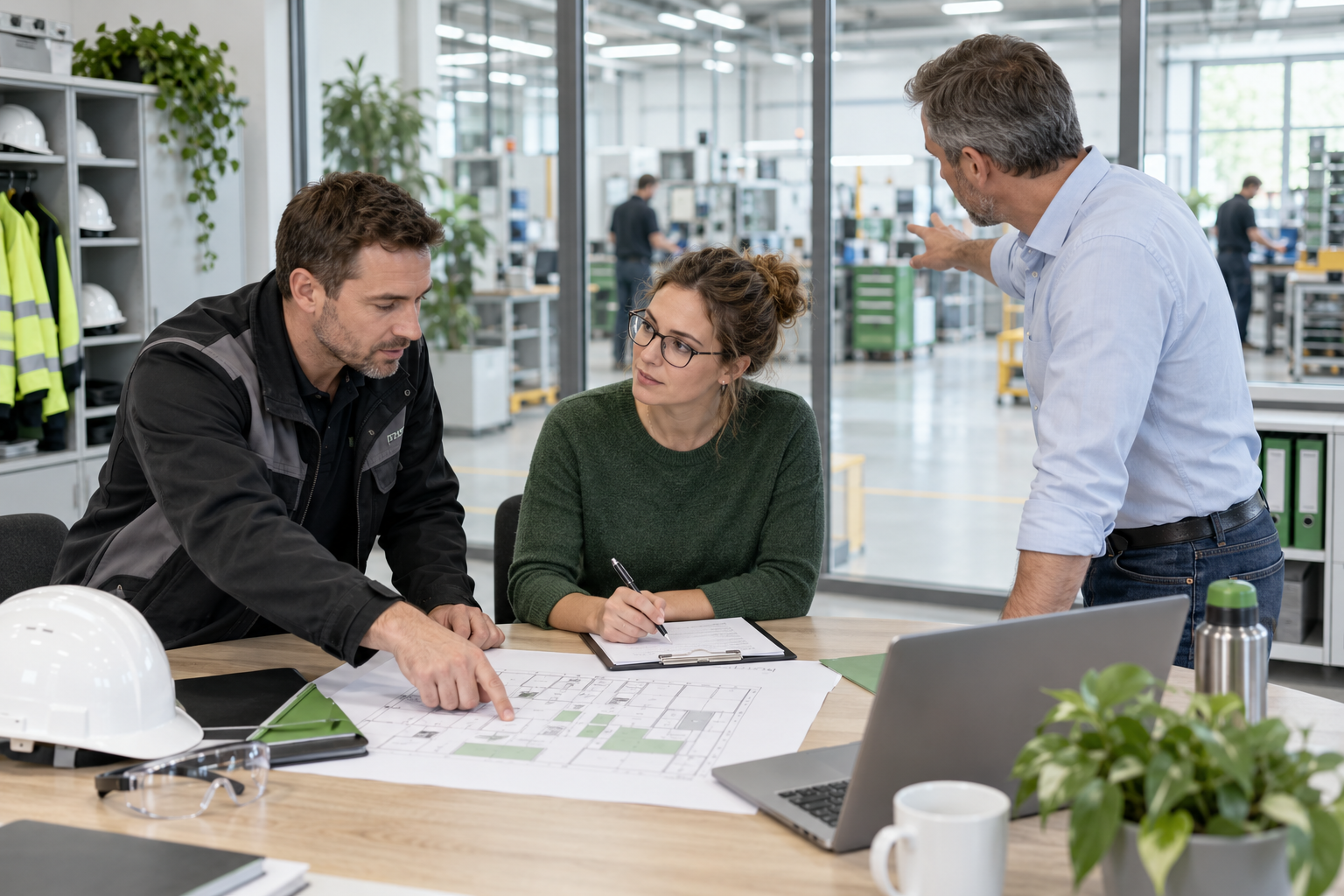 Team bespricht Arbeitsabläufe und Arbeitsschutzmaßnahmen in einem organisierten Betrieb