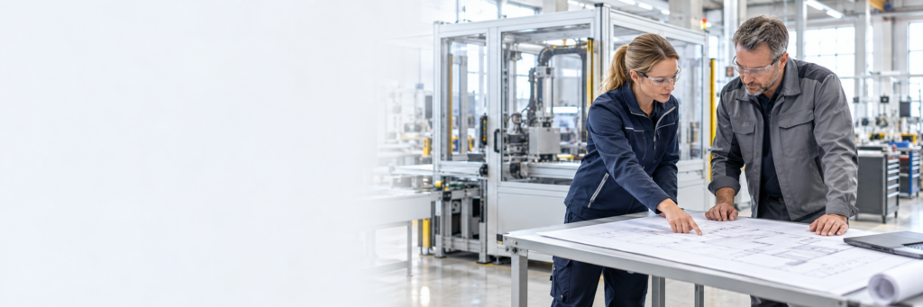 Eine Sicherheitsberaterin und ein betrieblicher Ansprechpartner besprechen einen Layoutplan in einer Produktionshalle.