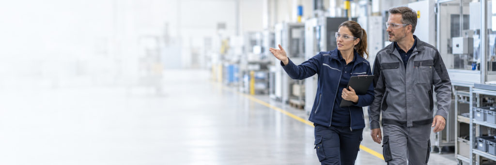 Sicherheitsberaterin und betrieblicher Ansprechpartner besprechen bei einer gemeinsamen Begehung die Arbeitsbedingungen in einer Produktionshalle.