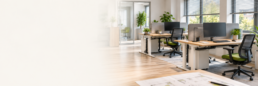 Helles Büro mit höhenverstellbaren Schreibtischen, Bürostühlen und einem Raumplan auf dem Besprechungstisch