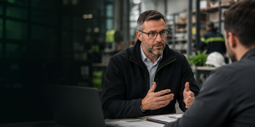 Fachkraft für Arbeitssicherheit und Arbeitsschutz im Beratungsgespräch mit einem Unternehmer in einem Industriebetrieb